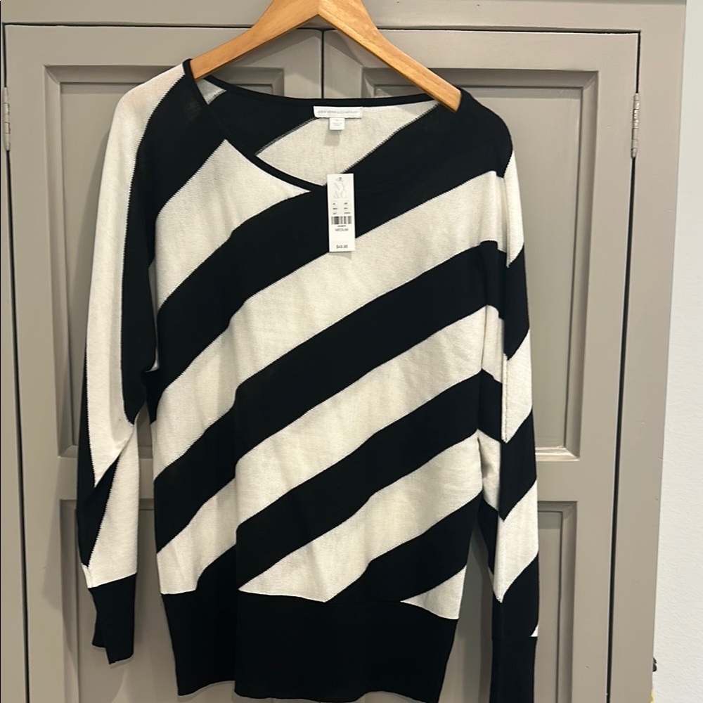 New York & Company Black and White Striped V-Neck Sweater